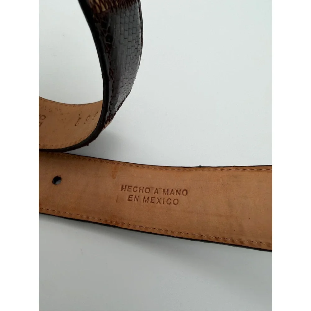 Exotic Lizard Ostrich Skin Belt Mens 38 Brown Patchwork Leather Mexico 8993